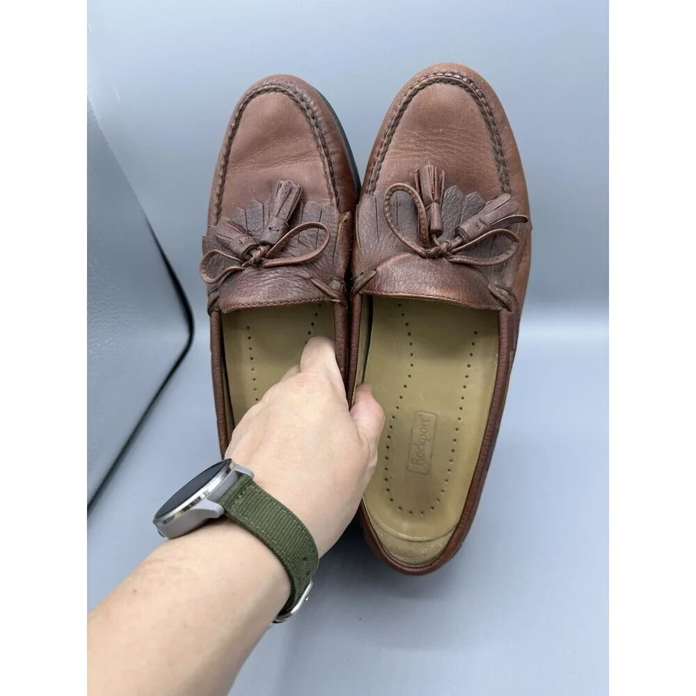 Rockport - men's brown leather shoes w fringes M4044 - low heel -‎ size 9.5